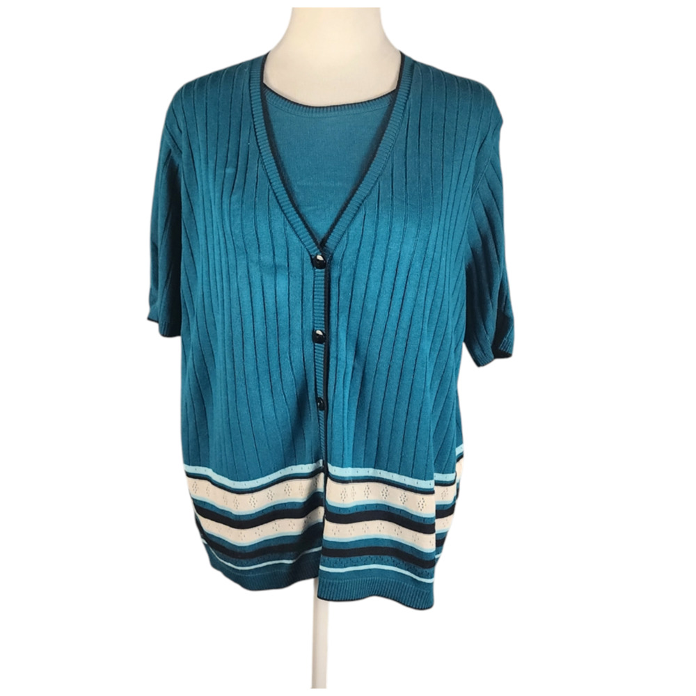 Alfred Dunner Short Sleeve Teal Green Stripped Button Sweater/ Cardigan Women's